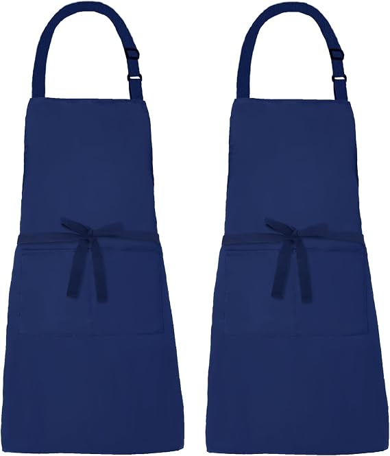 2 Pack Canvas Water Resistant Adjustable Bib Apron with 2 Pockets Long Ties Cooking Kitchen Restaurant Chef Aprons for Women Men (Navy Blue)