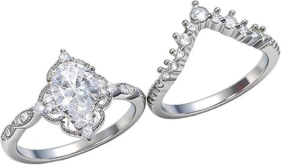 Platinum Plated Solitaire Engagement Ring Set Teardrop Cubic Zirconia Pear Bridal Ring Sets for Women Wishbone V Cubic Zirconia Stackable Simulated Diamond Eternity Wedding Band