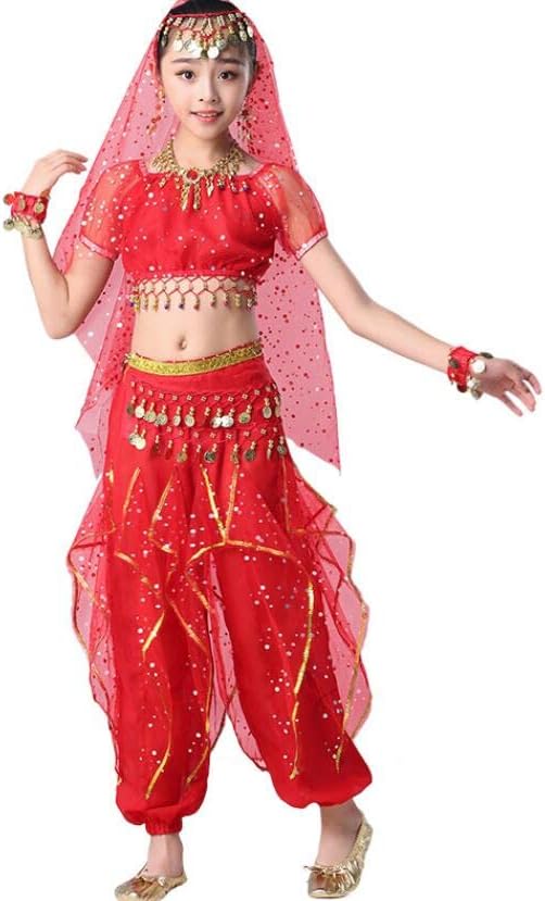5pcs Set Kids Belly Dance Costumes Set Oriental Dance Costumes Girl Egypt Bollywood Indian Belly Dancing Clothing India Dance Set,Red,M [Energy Class A]