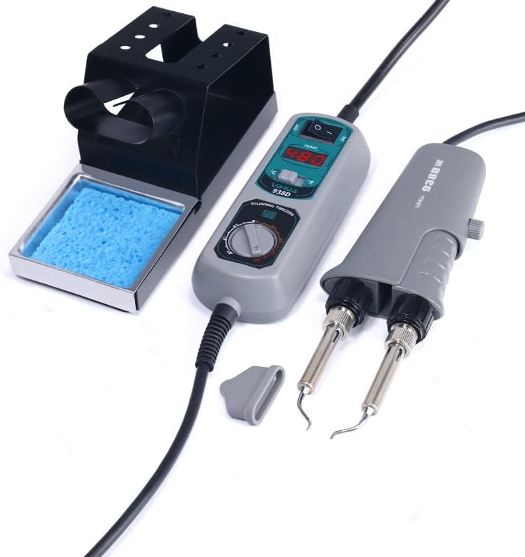 938D Portable Soldering Station, 110V Mini Tweezers Soldering Iron with LCD Display, High Precision PID Temperature Control, 44W, for SMD & Through-Hole Components