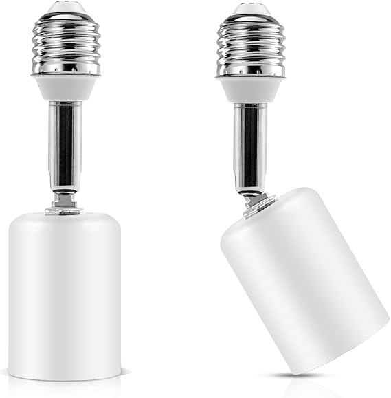 Light Socket Extender E26 E27 Metal Light Sockets Extension,180°Bendable Light Socket Adapter Screw Base Light Bulb Extension Socket, White (2)