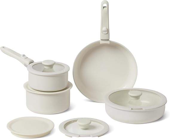 Amazon Basics Ceramic Nonstick Pots and Pans Set with Detachable Handle, 11-Piece Stackable Set, All Cooktop Friendly, Includes Saucepan, Frying pan, Ivory
