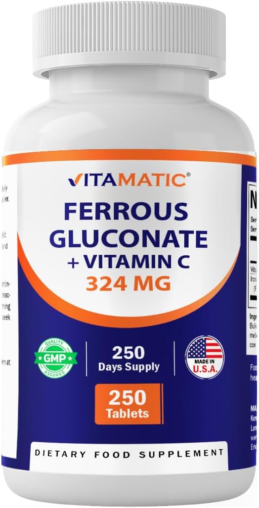Vitamatic Ferrous Gluconate 324 mg + Vitamin C 100 mg - No Artificial Color Additives - Gentle on Stomach - 250 Coated Tablets - Made in USA
