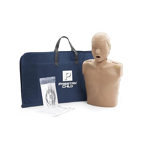 Prestan Professional Child CPR Training Manikin with CPR Rate Monitor | Medium Skin Tone | Childlike Features | Visual Chest Rise | AHA Compliant | Includes 10 Face-Shield Lung Bags & Carry Bag