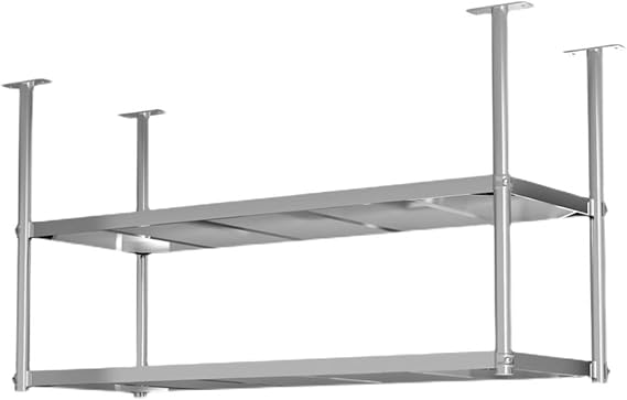 XPLKQXE Stainless Steel Ceiling Shelf, Hanging Industrial Ceiling Mount Storage Rack, Kitchen Wall Mounted Plant Stand/Wall Decor For Bar Cafe Kitchen(Silver-2lay,150x35x120cm)