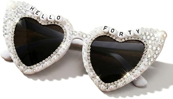 Hello Forty Birthday Glasses for Women, White Heart Sunglasses with Rhinestone Diamond, 40th Birthday Accessories Photo Props, 40th Birthday Gifts for Women Party Decorations