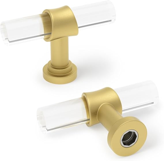 Goldenwarm 4Pcs Clear Cabinet Door Knobs Brushed Brass Knobs - LS9165GD Modern Drawer Knob 50mm Bedside Cabinet Handles (Gold)