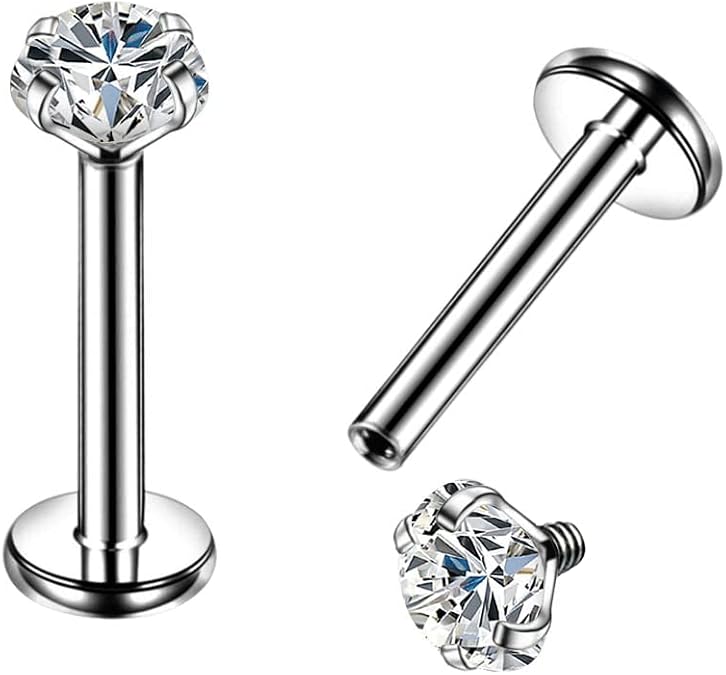 OUFER 16G G23 Solid Titanium Labret Piercing Internally Thread Lip Ring Clear CZ Tragus Helix Piercing Cartilage Earrings