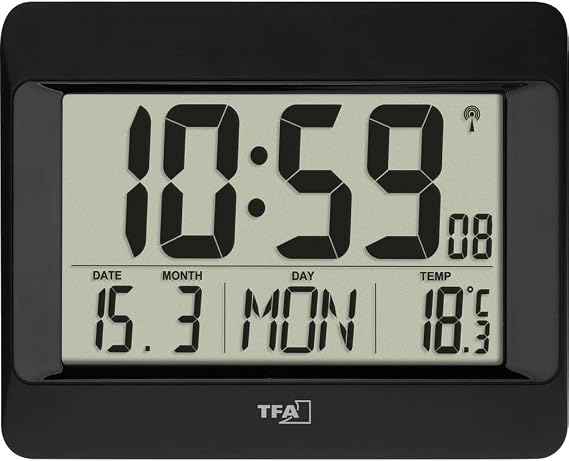 TFA Dostmann Digital Wall Clock, 60.4519.01, Radio-Controlled Clock with Indoor Temperature, Day of the Week (8 Languages), Date, Time Zone Setting, Black, Plastic, (L) 215 x (W) 160 x (H) 26 (68) mm