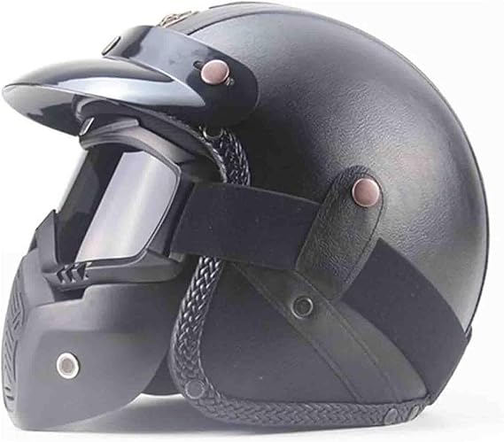 Pu Leather Helmets Motorcycle Chopper Bike Helmet Open Face Vintage Motorcycle Helmet Goggle Mask Full Face Helmet Motorbike black,M