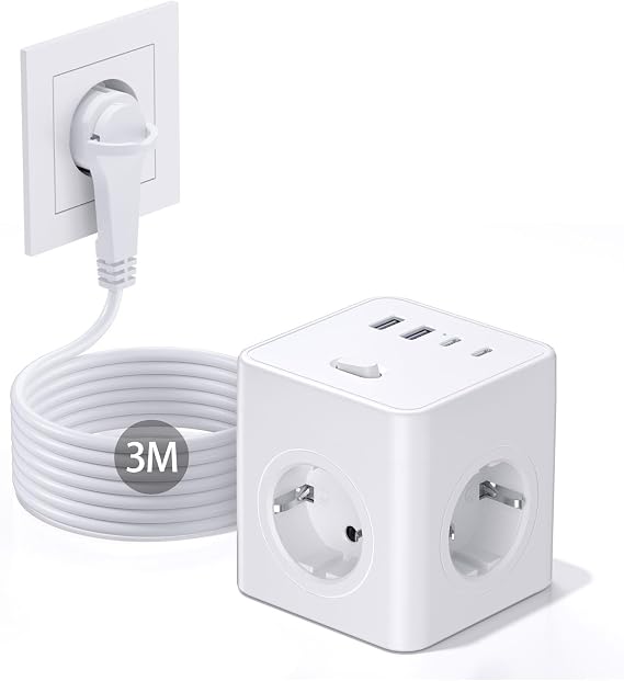 Socket Cube with USB 8-in-1 Socket Strip Flat Connector with Switchable 4-Way Power Strip with 4 USB Multiple Socket Power Cube with Pull Ring 3 m Cable for Home/Office/Travel White