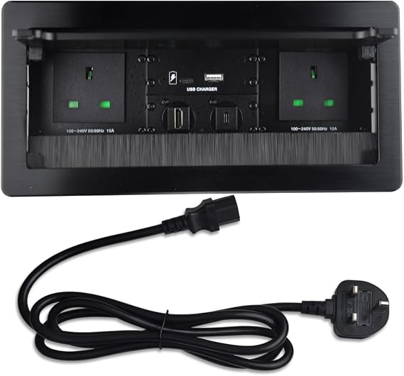 Table Power Socket Tabletop Multimedia Connectivity Box with 2* Power Socket +1* USB-A +C Charger+1 HDMI+1 USB-C Ports with 5.58ft Power Cord for Conference Room (black)