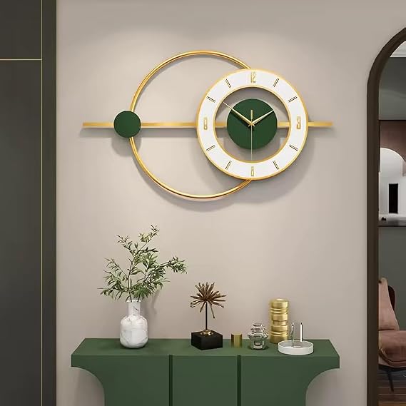 Gold & Green Silent Wall Clock, Large 65x38cm – Modern Home Decor, Non-Ticking Quartz Movement, Elegant Design for Living Room & Office