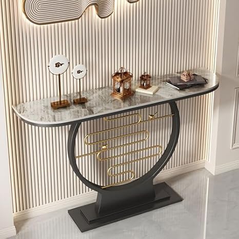 Scratch Resistant Glam Stone/Metal Entrance Table Modern Abstract Console Table for Living Room & Entrance, Silver Gray 39" L x 12" W x 31" H