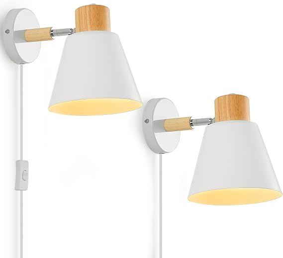 Plug in Wall Lights for Bedroom-White Wall Sconces Set of Two-Wall Lights for Living Room Wall Lighting Mounted Lamps with Plug in Cord-2 Pack [Energy Class F]
