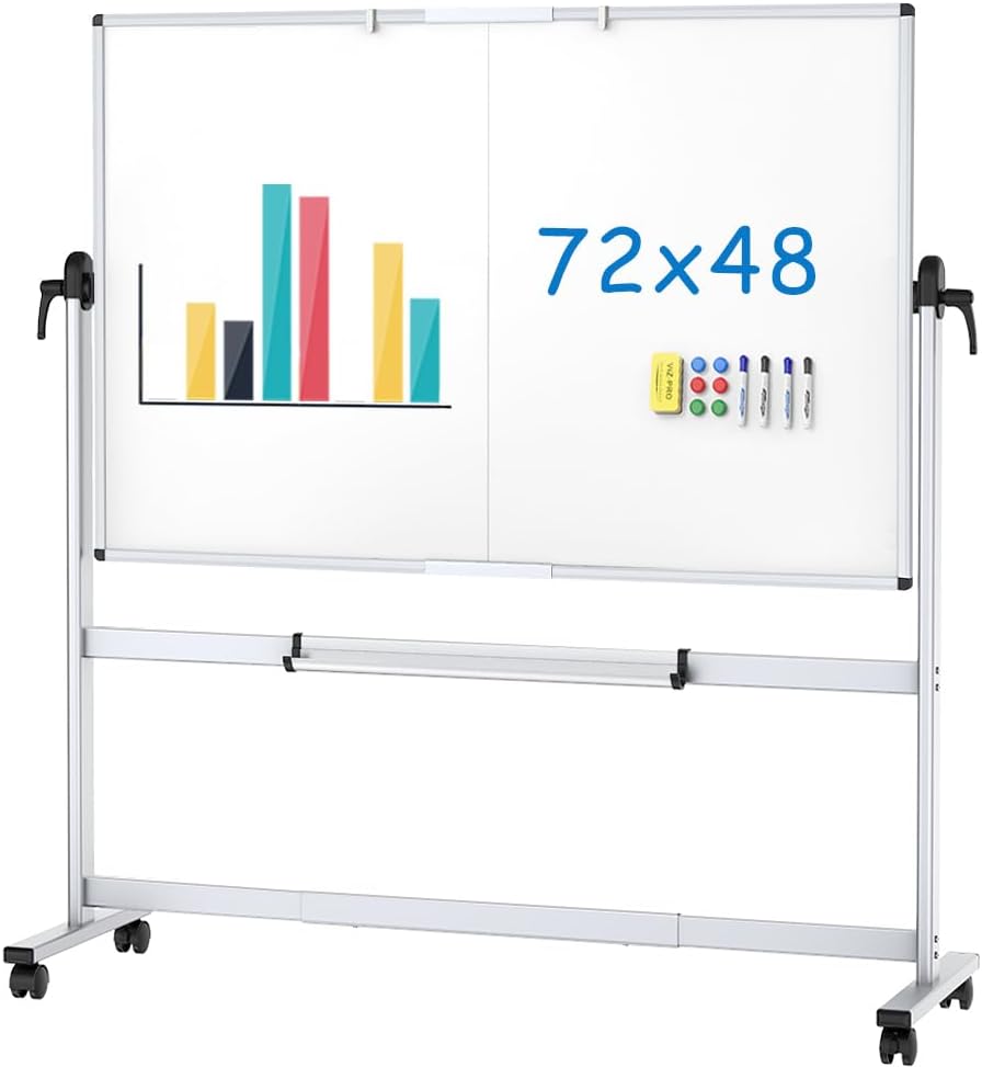 VIZ-PRO Double-Sided Mobile Whiteboard, 180 x 120 cm, Magnetic Rolling Dry Erase White Board on Wheels with Aluminium Frame and Stand