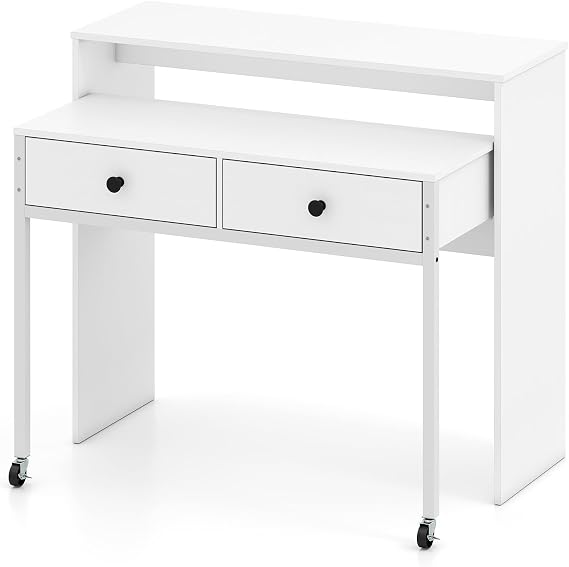 COSTWAY Extending Computer Desk, Wooden Study Writing Desk PC Laptop Table with 2 Storage Drawers, Home Office Workstation Console Table for Bedroom Living Room (White, 100 x 63 x 88 cm)