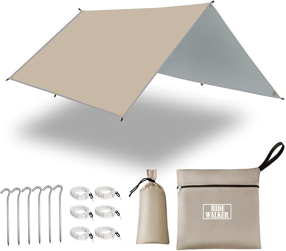 Camping Tarp Shelter 3x3m 3x4m 3x5m Lightweight Tent Tarpaulin Waterproof Tent Awning Canopy Basha Sunshade for Hiking Backpacking (Khaki, 3x4m)