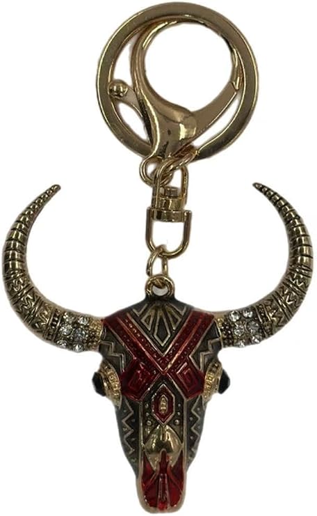 Vintage Tarzı Boho Dekoratif Metal Boğa Kafası Anahtarlık, Kırmızı ve Altın Rengi, Kristal Taşlı