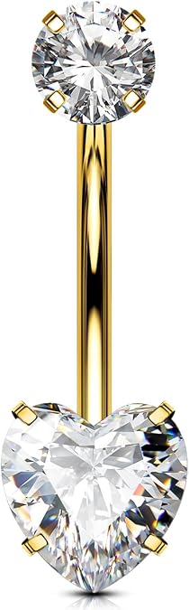 OUFER Body Piercing 10/12/14/16mm Gold Titanium Belly Bars 14G Short Extra Long Navel Piercings Double Heart Clear CZ Belly Button Bars Belly Piercings 1.6mm Navel Piercing Jewellery
