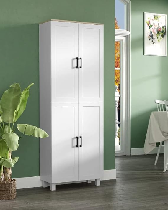 Tall Pantry Unit Modern Kitchen Larder Storage Shelf Cabinet Large White Cupboard Dresser Free Standing Farmhouse Sideboard Furniture