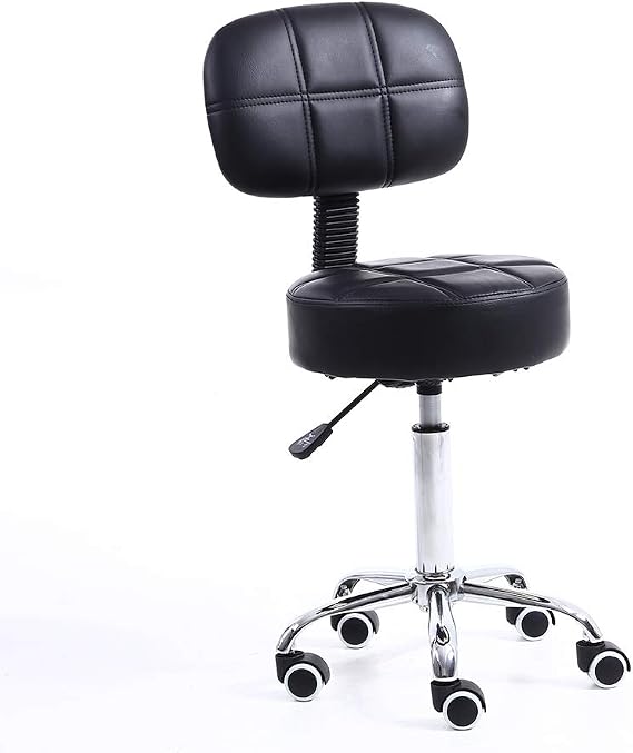 KKTONER Round Rolling Stool with Back PU Leather Height Adjustable Swivel Drafting Work SPA Salon Stools Chair with Wheels (Black)