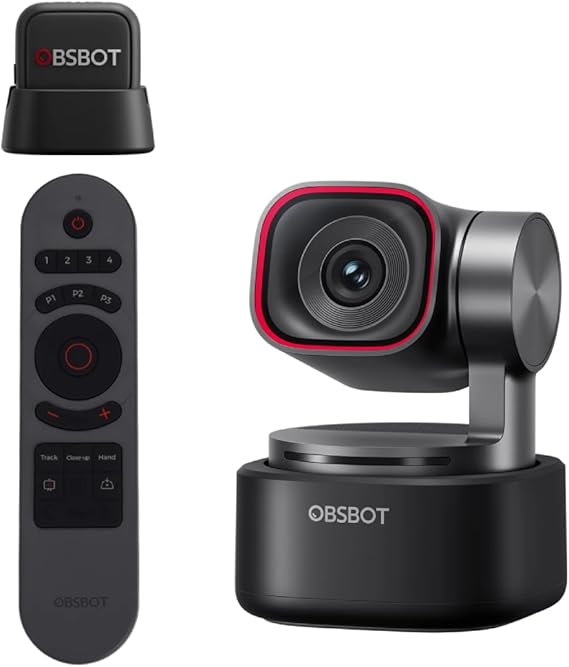 OBSBOT Tiny 3 AI-Powered Spatial Audio 4K Webcam Bundle with Vox SE & Remote, AI Tracking PTZ Camera with 1/1.28" Sensor, Tri-Mic, Voice & Gesture Control, 120FPS, HDR, Web Cam for PC, Laptop, Stream