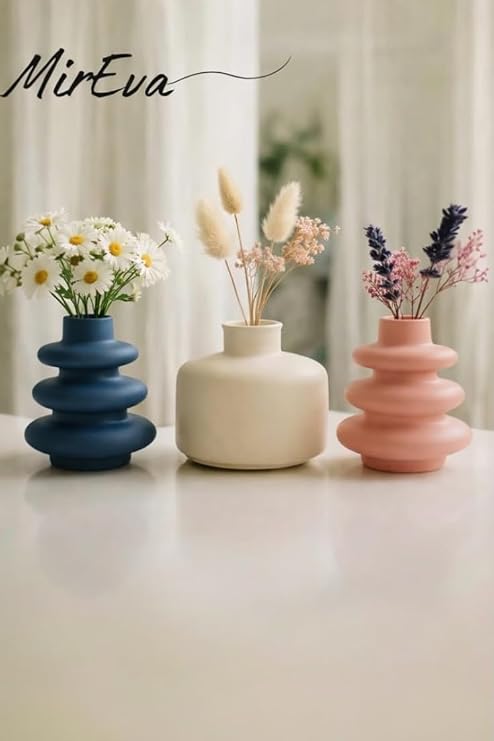 3'lü Mini Vazo Seti – Pampas & Kuru Çiçek için İskandinav Pastel Taş Vazolar, Raf & Masa Üstü Minimal Dekor, Mavi Krem Pembe Renkli, El Yapımı Taş Malzeme