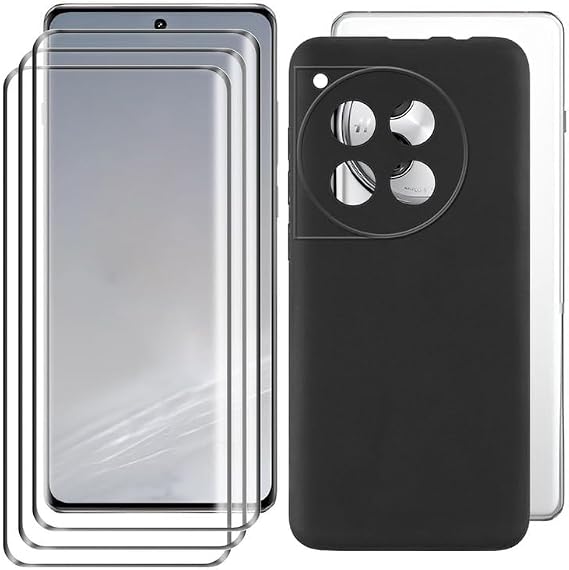 [3 Sets] Case for OnePlus 12 (6.82 Inch) Mobile Phone Case Silicone Cases Soft Phone Case TPU Cover Protector Cases Black Bumper + Screen Protector Tempered Film