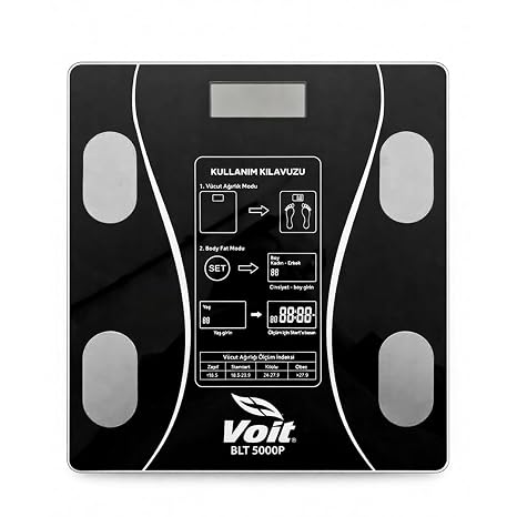 Voit BLT5000 Bluetooth Baskül - Dijital Akıllı Tartı - Yağ Ölçer Tartı - Pil ve Mezura Hediyeli Tartı - Siyah