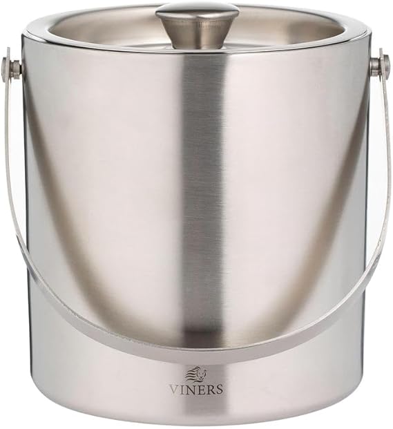 Viners Double Wall Ice Bucket 1.5 L | Stainless Steel with Polished Silver Finish | Insulated Lid | Fold Away Handle