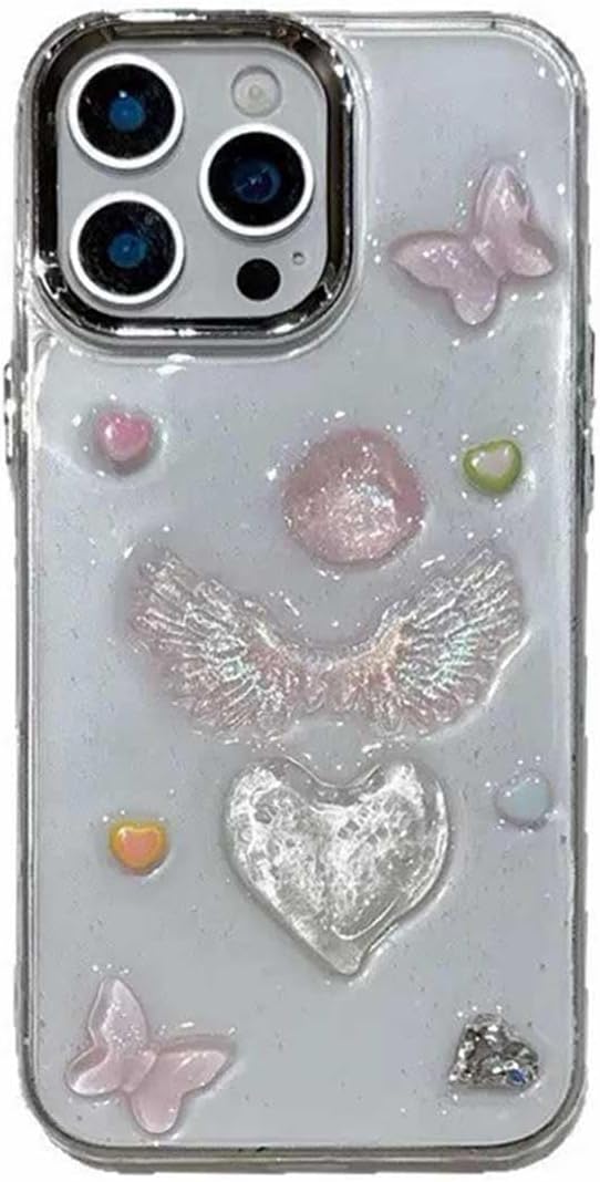 3D Melek Kanatlı Kalpli Şeffaf Simli iPhone 15 Uyumlu Kılıf – Kamera Korumalı, Darbe Emici Silikon