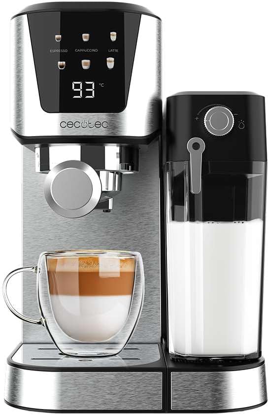 Cecotec Semiautomatic Power Espresso 20 Cream Coffee Maker, 20 Bars, Thermoblock Heating, Suitable for Ground Coffee, Espresso, Cappuccino and Latte, Touch Screen, Milk Tank 700 ml and Water 1L