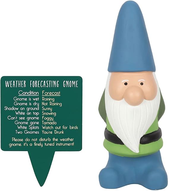 Humorous Large Multicolor Weather Forecasting Gnome - 25cm x 9.5cm (1 Pc.) -  with Wooden Sign, Gnome Conditions Include Rain, Sun, Snow & Fog - Perfect Garden Decor