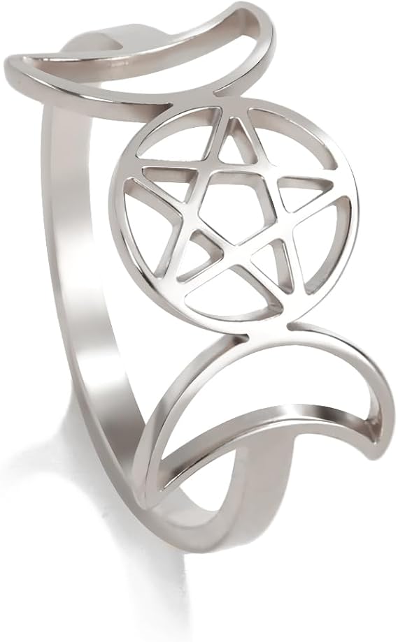 kkjoy Triple Moon Goddess Ring Stainless Steel Moon Phase Pentagram Amulet Promise Ring Magic Wicca Jewelry Gift For Women Girls
