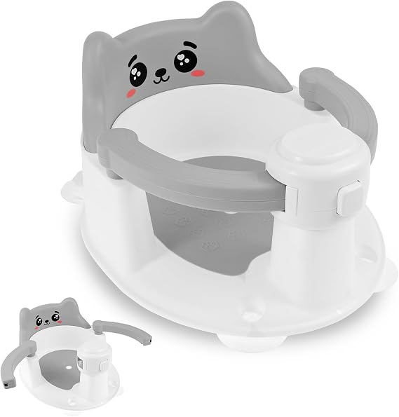 Baby Bath Seat for 6 Months Up Sit Up Toddler Bath Seat Non-Slip Baby Bathtub Chair with 4 Suction Cup Backrest Support for 6 to 24 Months(Gray Smile)