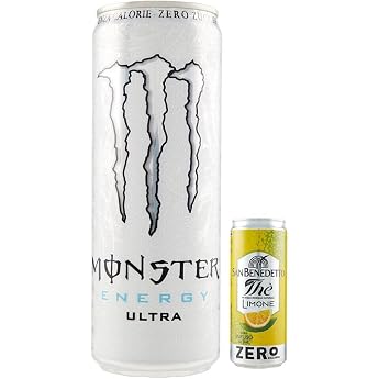Pack of 48 Monster Ultra Energy Drink Refreshing Alcohol-free Energy Drink with Citrus Flavour Zero Sugar 355 ml Disposable Tin + 1 Pack San Benedetto Iced Tea with Lemon No Sugar 330 ml Tin