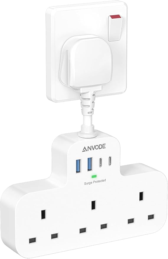 Multi Plug Extension Socket with USB C, ANVODE 3 Way Plug Adaptor with Flexible Socket, Adapter Plug UK Turn 1 to 7, Short Extension Lead Power Strip for Bedroom, Office, Kitchen. White