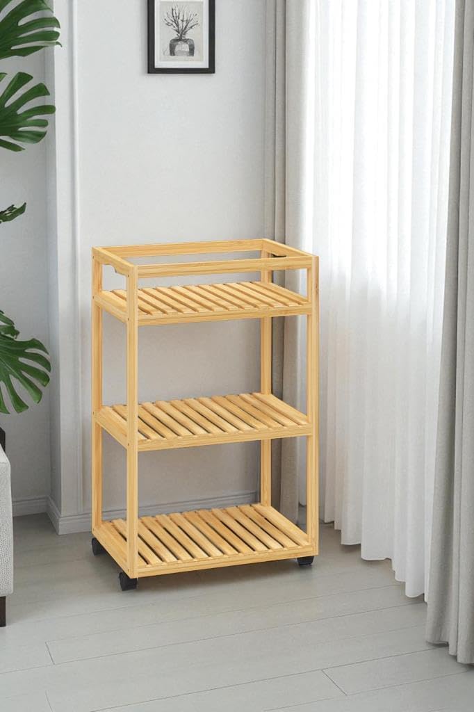 Digithome Bamboo 3 Shelves Wheeled Presentation Service Trolley Kitchen Shelf Coffee Table Bathroom Shelf DB-0029