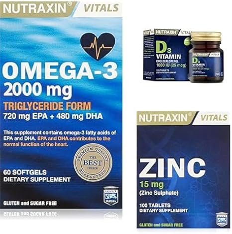 Nutraxin Omega 3 Balık Yağı 2000 Mg 60 Kapsül + D3 Vitamini 120 Tablet + Çinko (zinc) 100 Tablet