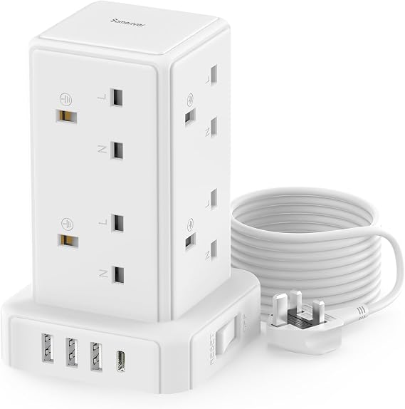 Tower Extension lead 3M, [13A 3250W] Surge Protection Extension lead with Switch, 8 AC Outlets & 4 USB Ports Plug Extension Socket, Extension Cable 3M Mini Power Strip for Office, Home, Kitchen