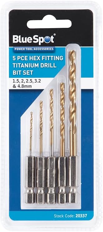 Blue Spot Tools 5PCE Titanium Coated Hex Fitting Drill Bit Set, 1/4" Hex, Sizes 1.5, 2, 2.5, 3.2, 4.8mm