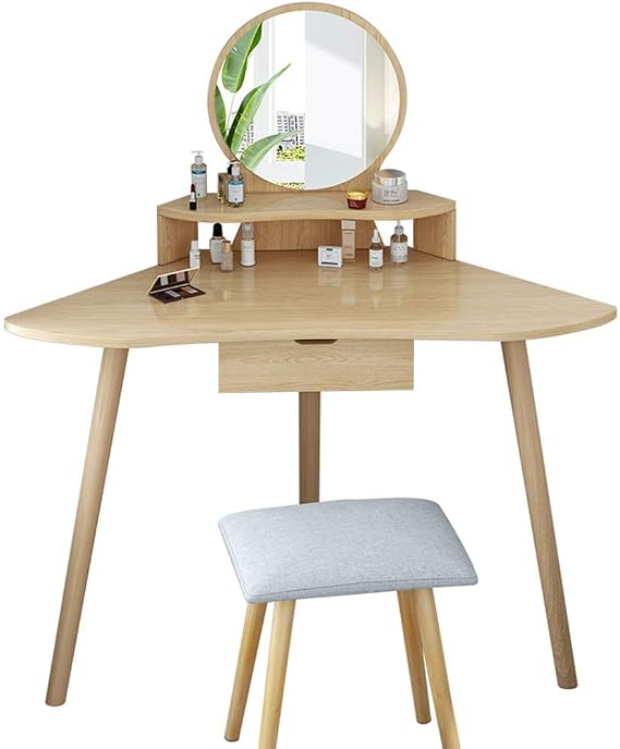 MU Corner Curved Dressing Table Makeup Desk with Mirror and Stool, Bedroom Vanity Table for Girls, 1 Drawers,Brown