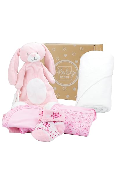 Baby Box Shop 6 Newborn Baby Essentials Ideal Baby Shower Gifts and Christening Gifts for Girls Includes Baby Blanket Pink Hooded Baby Towel Muslin Cloth Bodysuit Bib and Socks