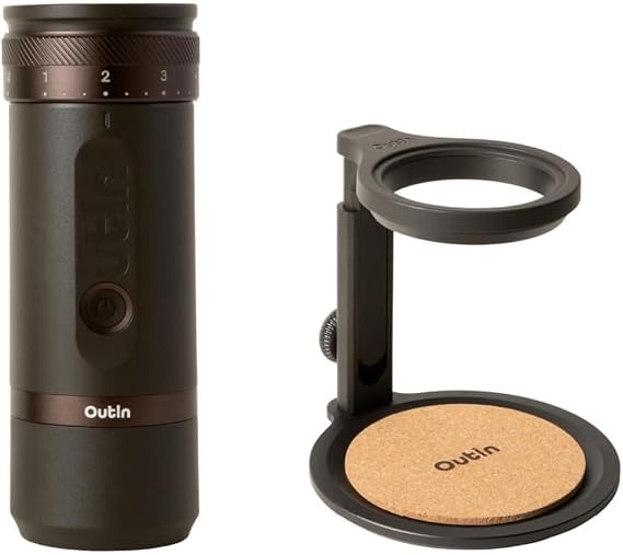 OutIn Fino Portable Electric Coffee Grinder with OutIn Removable Universal Coffee Drip Stand with Cork Pad