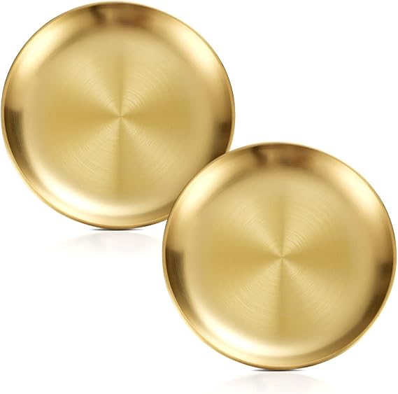2 Pieces 6.7 Inch Stainless Steel Plates, Stainless Steel Round Metal Plates, Metal Dinner Dishes for Dinner, Camping, Outdoor (Gold, 17cm)