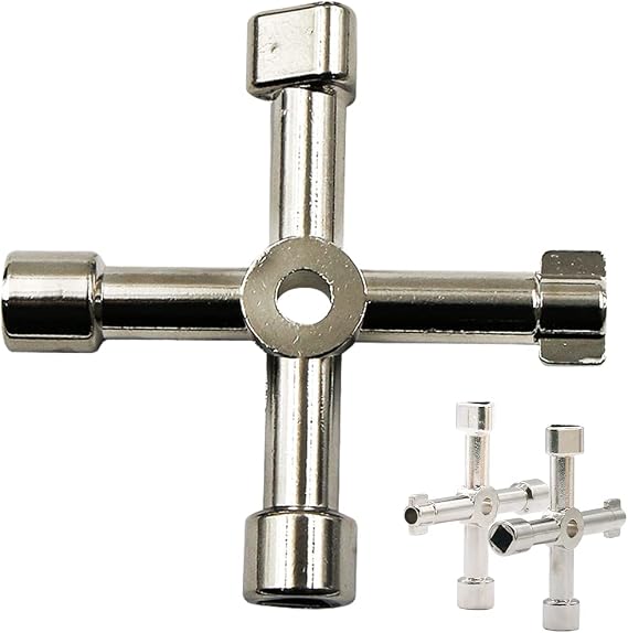 4 Way Multi Functional Utilities Key, Meter Box Key Gas Key for Cupboard, Cabinet, Gas, Water, Electric and Plumbing Applications, 4 Way Service Utility Key (Silver)