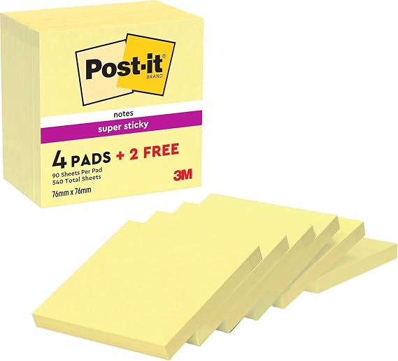 Post-it Super Sticky Notes, 4 + 2 Free Pads (540 Sheets), 76 mm x 76 mm