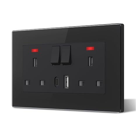BSEED Double Socket With USB C,UK Standard 2 Pole Electric Power Sockets,Glass Plug Wall Socket with LED Indicator,Main Port Control Switch,2 Gang,146mm Black