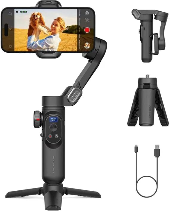 AOCHUAN Gimbal Stabilizer for Smartphone, Gimbals w/Wireless Charging iPhone Gimbal for iPhone 15 Pro Max/Android 3-Axis Handheld Phone Stabilizer for Video Recording Face Tracking-Smart X Pro